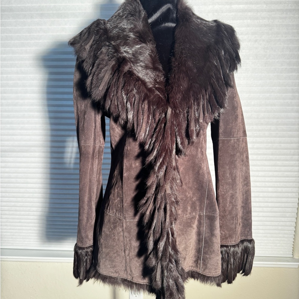 Raffaelo Brown Leather Jacket w/ Real Fox Fur Trim XS